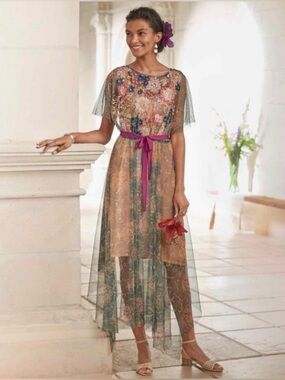 Tolani Anthropologie earth toned Sheer Floral special occasion Dress